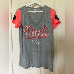 PINK Victoria's Secret Gray and Neon Pink Sequin Tee